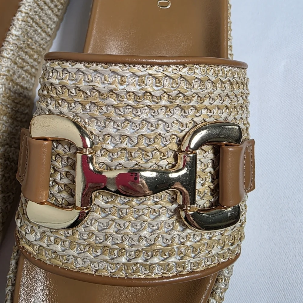 Coutgo Platform Slide Sandals Women Size 6 Woven Raffia Gold Horsebit Summer NEW